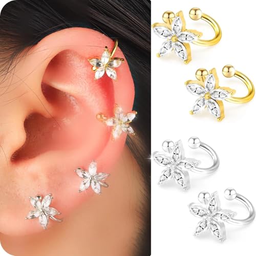 Ear Cuffs Non Piercing for Women Flower Earring Cuff Gold Non Pierced Lightweight Hypoallergenic Cartilage Earrings Dainty Jewelry Gift - color: Gold+Sliver+2Pair