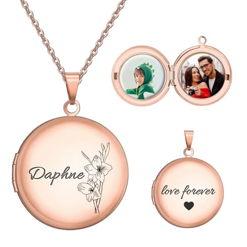 Personalized Heart Locket Necklace Customize Photo 925 Sterling Silver Picture Locket Necklace for Women Girls kids Engraved Birth Flower and Text Birthday Christmas Gifts for Women Girls Kids - color: Circle Rose Gold