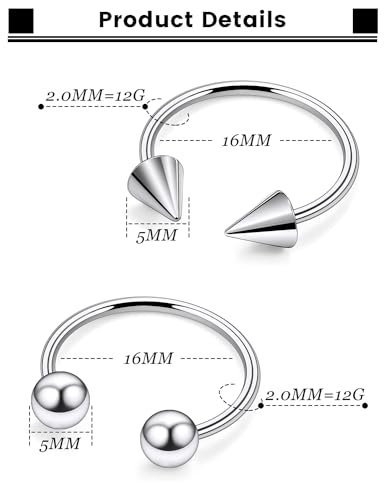 F136 Titanium 20/18/16/14/12/8/4/2g Septum Nose Rings Gauge Earrings Lip Rings Prince Albert Jewelry Internally Threaded Horseshoe Hoop Piercings - size: 12g*16mm