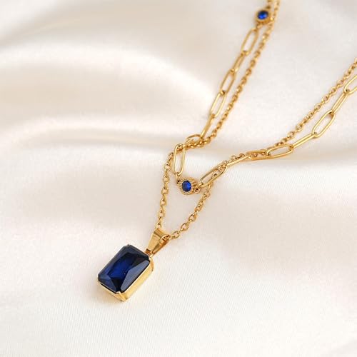 Birthstone Layered Pendant Paperclip Necklace 18k Gold Plated Heart Choker Chain Necklace Emerald Cut Jewelry Birthday Gift for Women - color: Emerald-Cut Sapphire