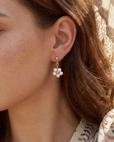 Pearl Earrings - 14k Gold or White Gold Plated Sparkle Cubic Zirconia Dainty Pearl Stud Earrings for Women Wedding Party Bridal - color: gold flower