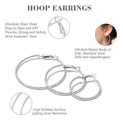 4 Pairs Silver Hoop Earrings for Women 30/40/50/60mm | Hypoallergenic, Stainless Steel, Big Thin Lightweight, Dangle Set - color: 4 Pairs Silver-30/40/50/60mm