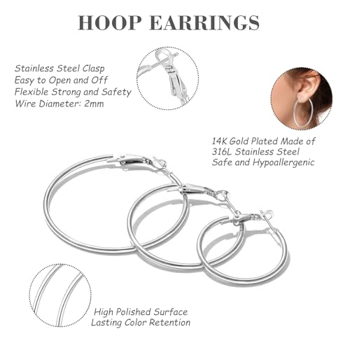 6 Pairs Gold Silver Hoop Earrings for Women 14K Gold Plated 316 Hypoallergenic Stainless Steel Lightweight Large Small Hoops Women Earrings 30/40/50mm Set - color: 5 Pairs Silver-30/40/50/60/70mm