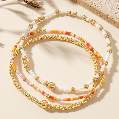 Dainty Gold Plated Tiny Ball Colorful Beaded Stack Bracelets Sets for Women,3Pcs Stackable Cute Bracelet Stretch Trendy Ball Jewelry Friendship Gift - color: Orange