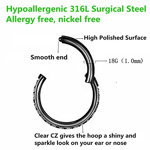 Clear CZ Nose Rings & Earrings - 316L Surgical Steel - Cartilage, Conch, Daith, Helix, Rook, Tragus, Lobe & Snug Body Piercing Jewelry - 20G, 18G - color: Black, size: 1pc 18 Gauge 8mm
