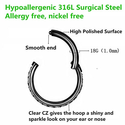 Clear CZ Nose Rings & Earrings - 316L Surgical Steel - Cartilage, Conch, Daith, Helix, Rook, Tragus, Lobe & Snug Body Piercing Jewelry - 20G, 18G - color: Black, size: 1pc 18 Gauge 8mm