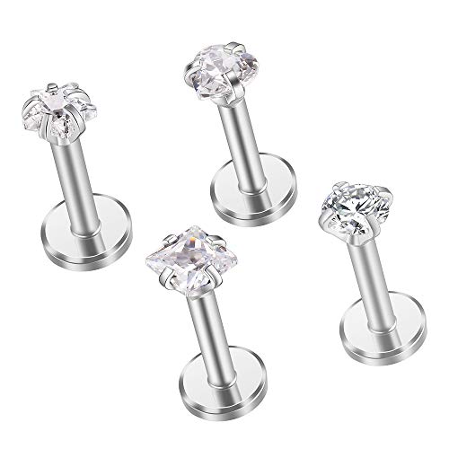 Gabry&jwl 4Pcs Lip Studs/Ear Studs Internally Threade 16G Titanium Steel CZ Labret Studs Tragus Cartilage Helix Lobe Stud Earrings Monroe Medusa Lip Piercing,6-8mm Bar Length,4 Styles