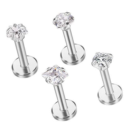 Gabry&jwl 4Pcs Lip Studs/Ear Studs Internally Threade 16G Titanium Steel CZ Labret Studs Tragus Cartilage Helix Lobe Stud Earrings Monroe Medusa Lip Piercing,6-8mm Bar Length,4 Styles