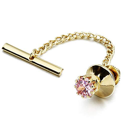 HAWSON Mens Tie Tack with Chain Round Crystal Wedding Business Accessories - color: Gold + Light Rose