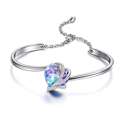 AOBOCO I Love You Jewelry - Sterling Silver Blue Purple Love Heart Bangle Bracelet Embellished with Crystals from Austria, Fine Anniversary Birthday Jewelry Gifts for Women - style: 01 Blue Purple Bracelet