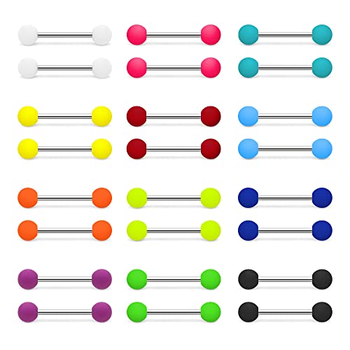 PiercingArt Tongue Nipple Rings Surgical Steel Barbell Plastic Balls | 24Pcs Set with 12 Color Choices, Matte Neon Colorful Designs, 14G 16mm Size for Replacement