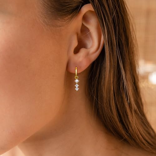 Pearl Earrings for Women Trendy, 14k Gold Plated Freshwater CZ Leaf Pearl Dangle Drop Gold Earrings Lightweight Hypoallergenic Stud Earring Bridesmaid Wedding Gold Jewelry for Women Gifts - style: cz pearl earrings-gold