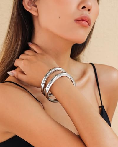 2pcs Gold Bangle Bracelets for Women, Trendy Hinged Cuff Open Wide Chunky Gold Bracelet Stack Arm Cuff Jewelry for Women - color: G-Silver Bangle
