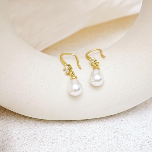 Pearl Earrings for Women, 14k Drop Earrings Gold Earrings for Women Trendy Dainty CZ Long Pearl Dangle Earrings Cute Prom Wedding Earring Dangling Bridal Jewelry Gifts