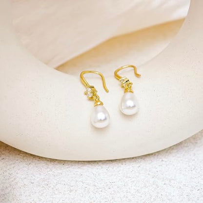 Pearl Earrings for Women, 14k Drop Earrings Gold Earrings for Women Trendy Dainty CZ Long Pearl Dangle Earrings Cute Prom Wedding Earring Dangling Bridal Jewelry Gifts