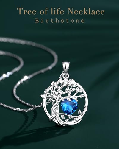 FANCIME Tree of life Birthstone necklace Sterling Silver Pendant Birthstone Necklace Gemstone Anniversary Birthday Jewelry Mothers Day Gifts for Mom Her Wife - color: Dec.-Blue Topaz