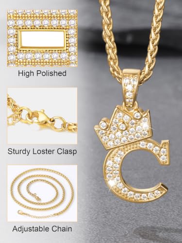 U7 Crown Initial Necklace Men Women, Bling Diamond A-Z 0-9 Letter Pendant with Wheat Chain, Silver/Black/Gold Plated CZ Alphabet Number Hip Hop Jersery for Father Husband - color: a. Gold, size: 15. O