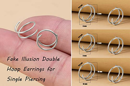 Double Hoop Earrings for Single Piercing, 3 Pairs 316L Surgical Steel Spiral Twist Illusion Lobe Cartilage Helix Hoop Earring Double Hoop Earrings for One Hole - color: Silver-8mm