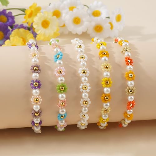 Daisy Pearl Flower Beaded Bracelets for Women, Colorful Floral Adjustable Rope Gold Seed Beads Stackable Boho Pearl Braided Flower Bracelet Stack Summer Jewelry Trendy Cute Friendship Gifts