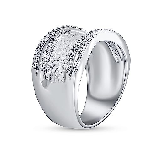 Bling Jewelry Personalized Modern Criss Cross Style CZ Accent Band Fashion Statement Brushed Hammered Matte Finish Wide Band Ring Silver Plated Brass