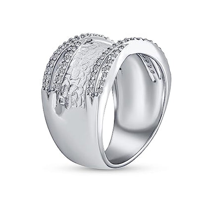 Bling Jewelry Personalized Modern Criss Cross Style CZ Accent Band Fashion Statement Brushed Hammered Matte Finish Wide Band Ring Silver Plated Brass