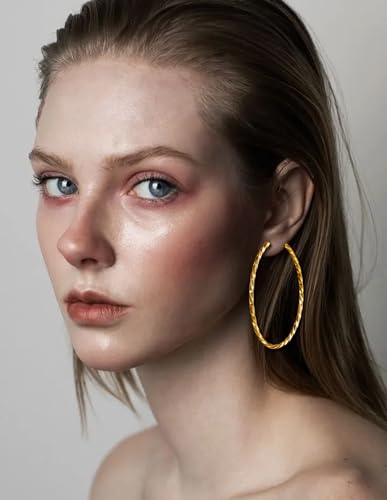 4 Pairs Clip on Hoop Earrings for Women CZ Twist Fake Hoop Earring Sets Spring Hoops for Non Pierced Ears Gold Tone 30/40/50/60/70mm - size: 60/70mm