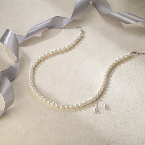 EVER FAITH Dainty Round Imitation Pearl Strand Necklace Stud Earrings Delicate Wedding Costume Prom Faux Pearls Jewelry for Women Bride - color: Cream Pearl, size: 8mm