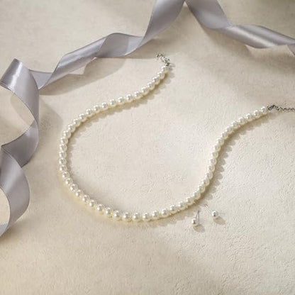 EVER FAITH Dainty Round Imitation Pearl Strand Necklace Stud Earrings Delicate Wedding Costume Prom Faux Pearls Jewelry for Women Bride - color: Cream Pearl, size: 8mm