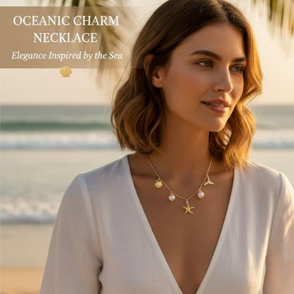 Gold-plating Necklaces for Women, Pearl Seashell Flower Pendant Necklace, Boho Lariat Long Necklace Set, Trendy Summer Beach Jewelry - color: Gold 2
