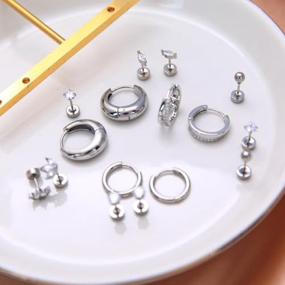 Stainless Steel Stud Earrings Set for Women Hypoallergenic Flat Back Cartilage Earrings Screw Back Huggie Hoop Earrings Multiple Piercing Cubic Zirconia Helix Tragus Jewelry - color: Set-A-Silver