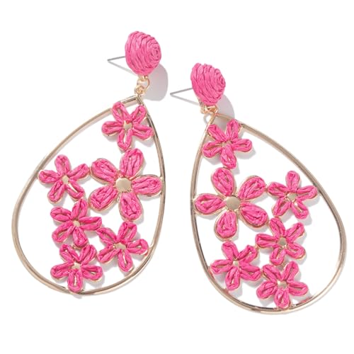 Boho Raffia Flower Teardrop Earrings Cute Colorful Dangle Trendy Jewelry | Floral Drop Statement Big Dangling Earring Hypoallergenic Gold Fun Unique Summer Spring Beach Vacation Outfits for Women - color: Hot Pink