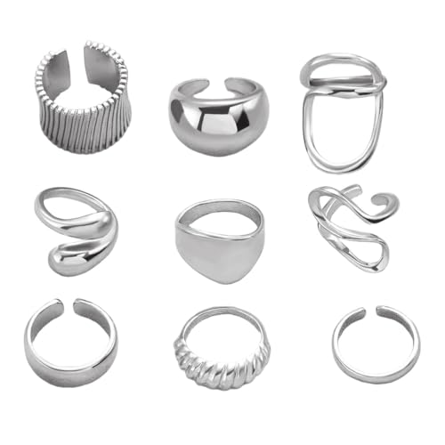 Chunky Gold Rings for Women Rhinestone Stackable Knuckle Ring Set Open Adjustable Statement Ring Set Dainty Crown Cross Midi Rings Fashion Jewelry Gift for Women - color: Silver4