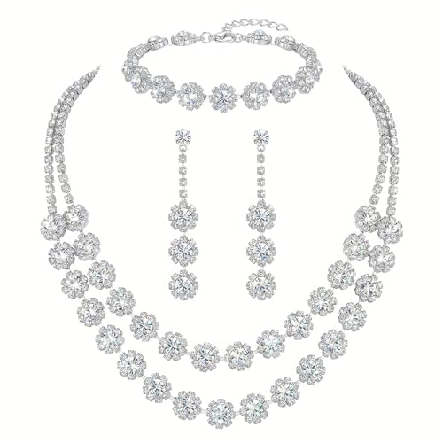 Rhinestone Bridal Wedding Jewelry Set，Crystal Necklace Earrings Bracelet Sets Formal Costume Jewelry for Women and Brides - color: SILVER