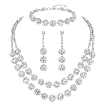 Rhinestone Bridal Wedding Jewelry Set，Crystal Necklace Earrings Bracelet Sets Formal Costume Jewelry for Women and Brides - color: SILVER