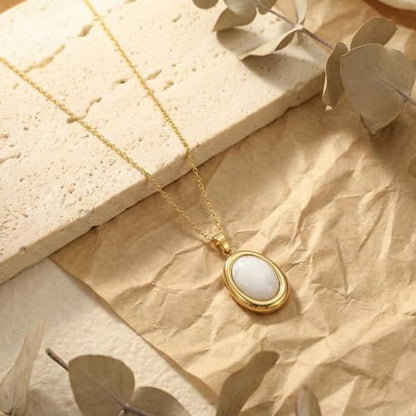 Colorful Natural Stone Necklaces for Women Trendy 14K Gold Plated Oval Gemstone Pendant Statement Necklace Jewelry Gifts for Women - color: White
