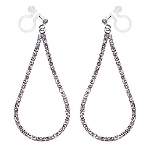 Dangle Silver Invisible Clip On Earrings for Women Not Pierced Gold Crystal Rhinestone Comfortable Hoop Fringe Long Chain Clip On Earrings - color: Teardrop Silver 2