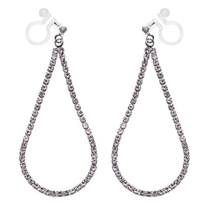 Dangle Silver Invisible Clip On Earrings for Women Not Pierced Gold Crystal Rhinestone Comfortable Hoop Fringe Long Chain Clip On Earrings - color: Teardrop Silver 2