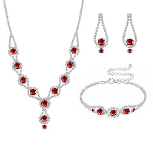 Silver Plated Necklace Earrings Bracelet Crystal Bridal Wedding Jewelry Sets for Wedding princess birthday party Halloween Prom Pageant Jewelry - color: 2-red