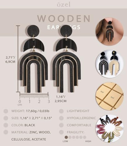 Ozel - Natural Wooden Acrylic Boho Drop Dangle Earrings for Women - Geometric Statement Jewellery - Brown, Black, Magent Red, Olive Green, White beige - color: Arch_Black