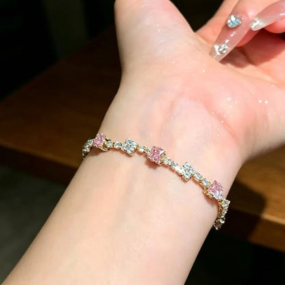 Women's Dainty Pink CZ Tennis Bracelet, 14K Gold Plated Sparkling Cubic Zirconia Chain Bracelet, Delicate Jewelry, Gift for Birthday, Wedding, Anniversary, Suitable for Party, Daily Wear - color: Pink