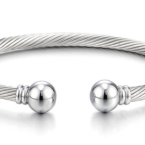 COOLSTEELANDBEYOND Elastic Adjustable Stainless Steel Cuff Bangle Bracelet for Mens Womens - color: A-Metal Color: Silver