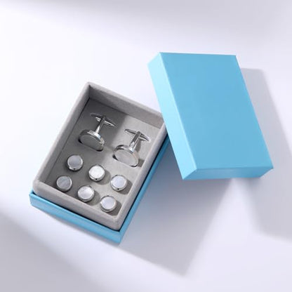 Mens Cufflinks and Tuxedo Shirt Studs Set with Gift Box - color: Silver/Fritillaria