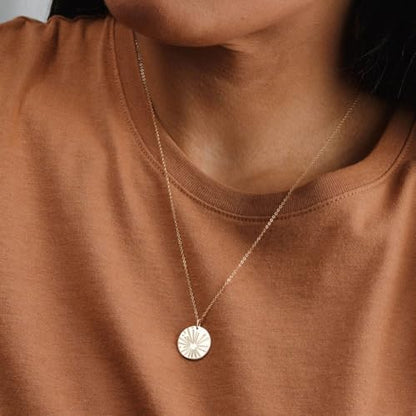 Dainty Gold Necklace: 14k Gold Plated Dianty Boots Bow Sun Moon Horse Evil Eye Conch Seahorse Necklace for Women 16.5"+2" - color: Sunshine Coin
