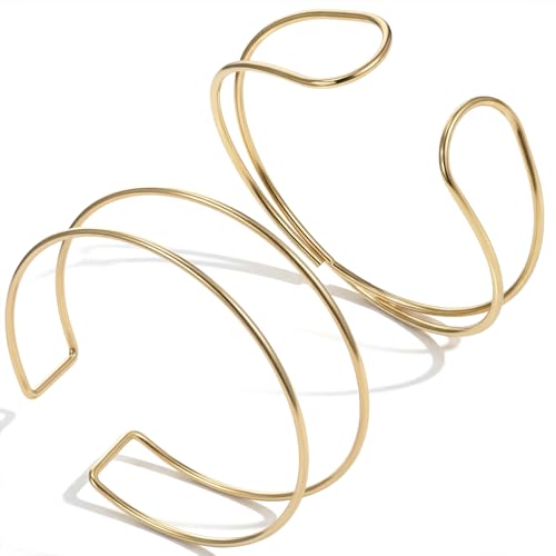Xinjoduz 2 PCS Arm Cuff Bracelet for Women, Gold Arm Cuff Upper Arms Layered Cuffs Bangle Bracelet, Adjustable Minimalist Coil Armband Stackable Jewelry for Summer Beach, 2 Styles - color: Gold