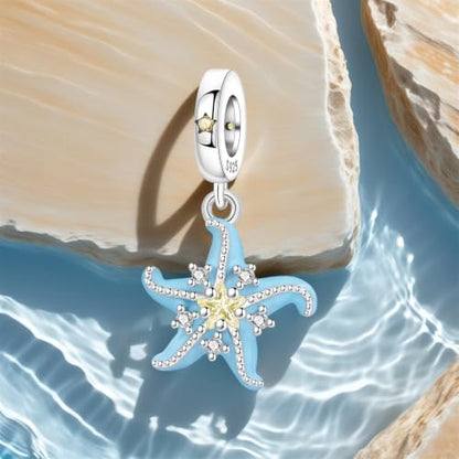925 Sterling Silver Charms Bead for Bracelets Necklaces, Star Moon Crescent Sun Solar Pendent, Blue Ocean Starfish Shells Turtle Crab Starry Sea Cute Jewelry Birthday Gifts for Women Men - style: Starfish charms
