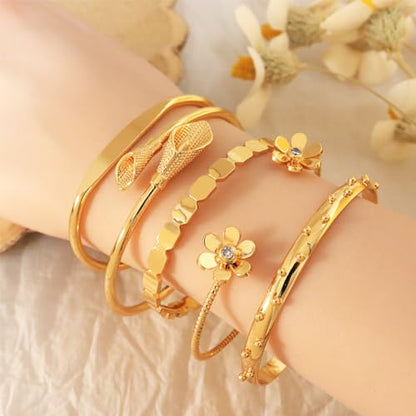 Dainty Gold Open Thin Cuff Bangle Bracelets for Woman, 18k Gold Plated Adjustable Bracelet - color: hammered