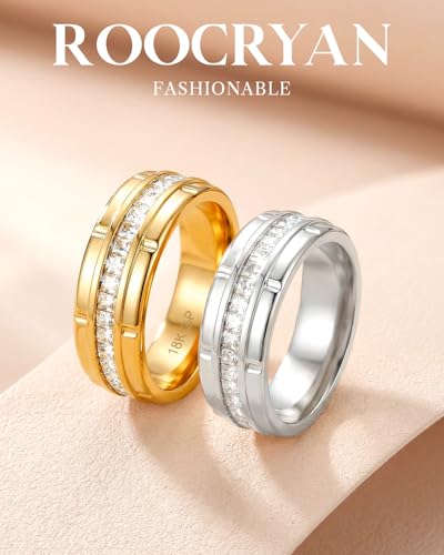 8mm Mens Gold Wedding Band with Cubic Zirconia Silver Eternity Ring CZ Inlaid 18K Gold Plated Stainless Steel Rings for Men, Rings Size 5-12 - color: Silver
