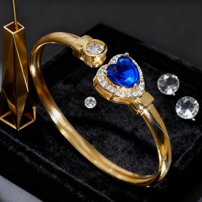Gold Bracelets For Women, Emerald Sapphire Cuff Bracelet 14k Gold Plated With Simulated Diamond Trendy Open Bangle Gifts For Mom Gifts For Her - color: Blue Heart Gold