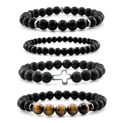 Flybar Men's 4 Piece Beaded Bracelet Set, Natural Lava Stone Black Onyx Matte Agate Tiger Eye, Stretchable Elastic Handmade Stackable - color: CD01 Tiger Eye Cross