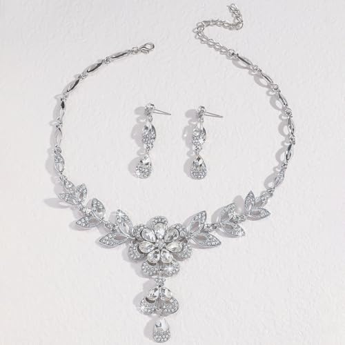 Wedding Jewelry Sets for Brides Rhinestone Necklace and Earring Set Bracelet Ring Gold Silver Prom Jewelry Sets Diamond Flower Teardrop Necklace for Women - color: Style3-Clear&Silver-2pcs